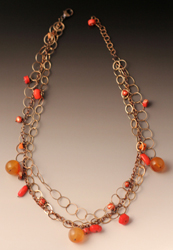 Necklace with carnelian, coral, pearl, sterling 15